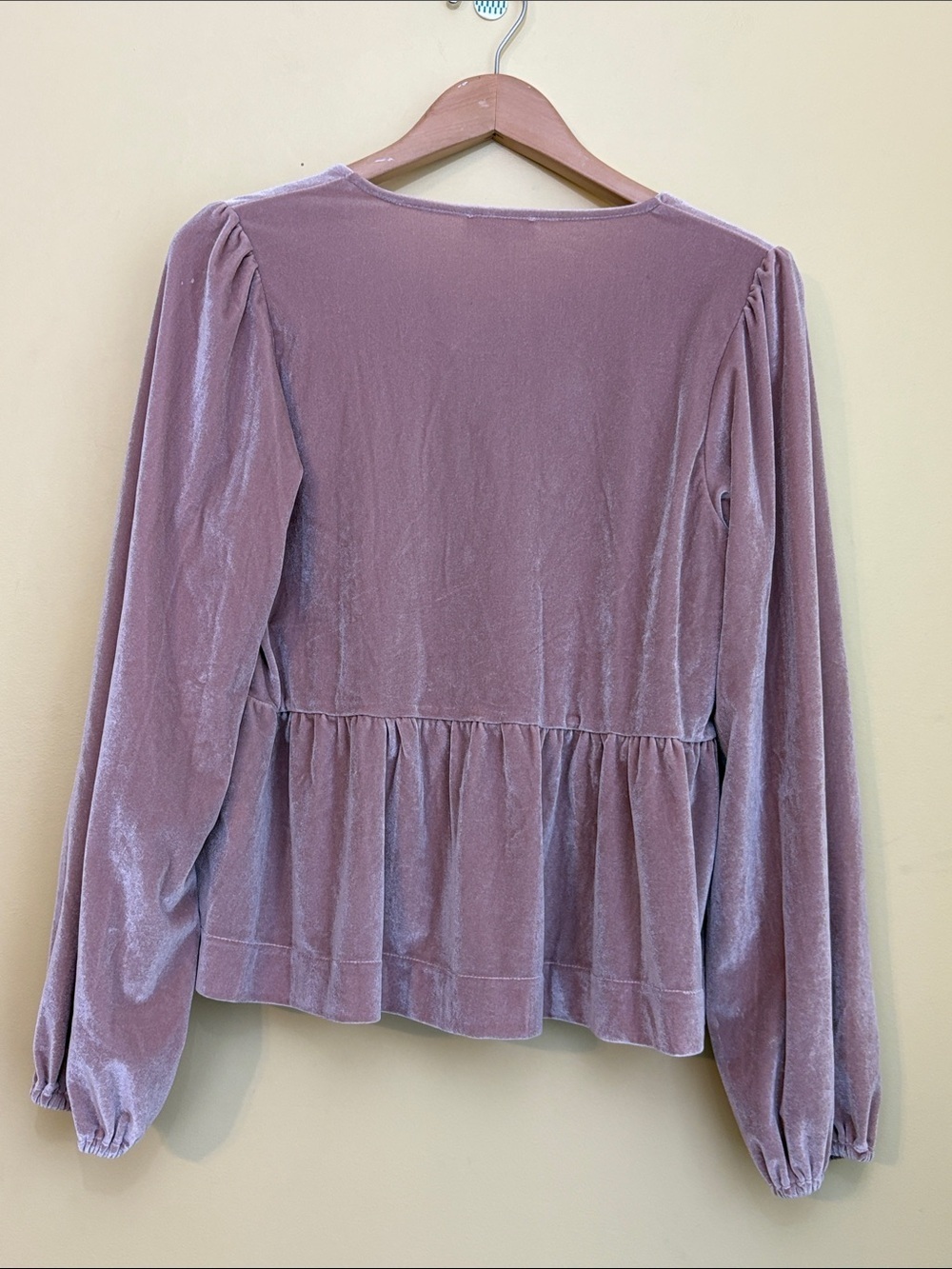 Aaron & Amber | Dusty Rose Velvet Tie-Front Peplum Balloon Sleeve Blouse Top S - Picture 11 of 11